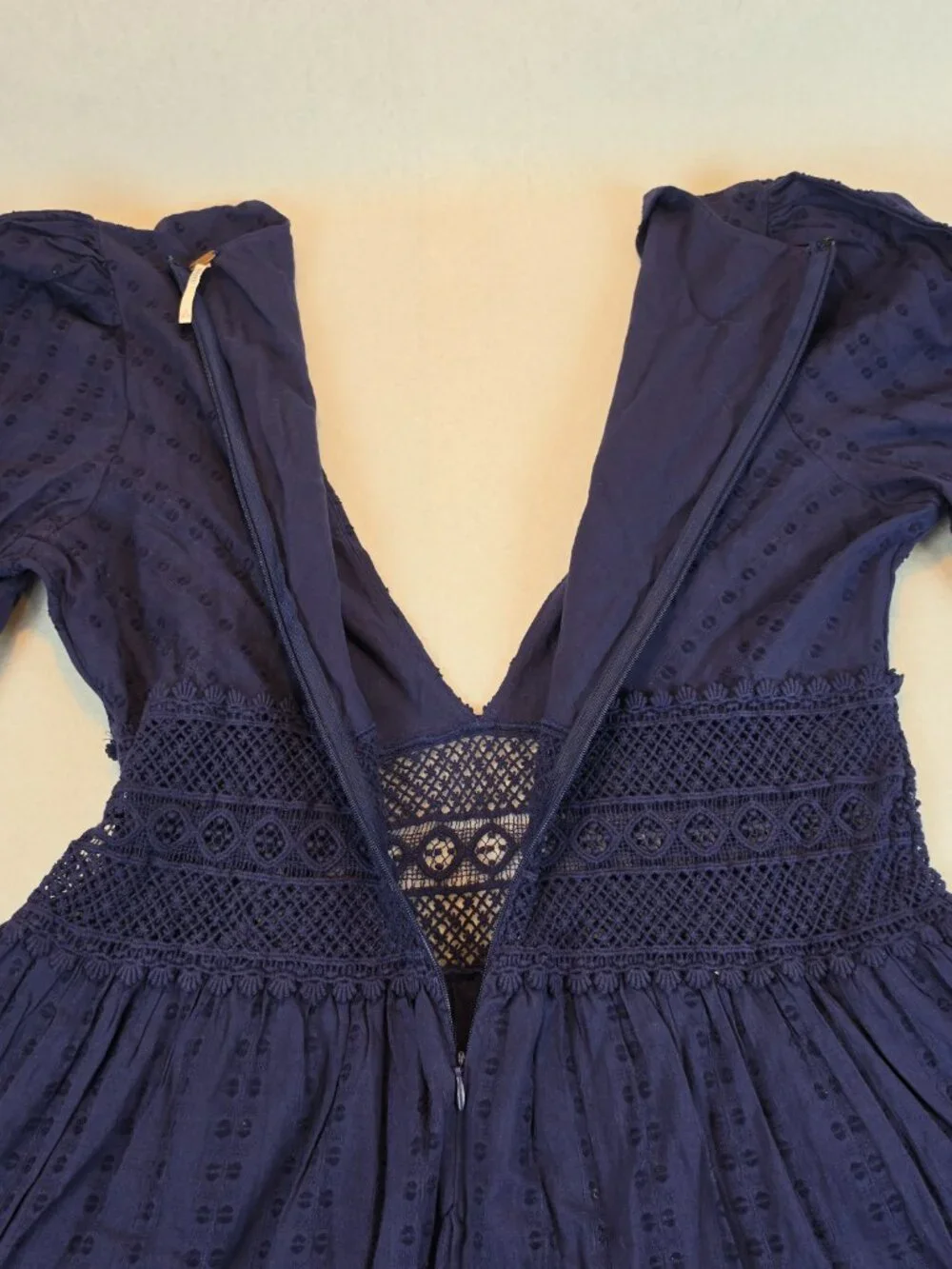 Free People Blue Long Sleeve Mini Dress | Boho Swiss Dot Lace Cutout Dress Size